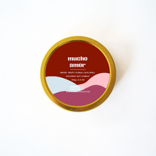 Load image into Gallery viewer, Candle tin labeled &#39;mucho amor&#39; on a white background
