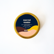 Load image into Gallery viewer, Candle container with &#39;sacred smoke&#39; label on a white background

